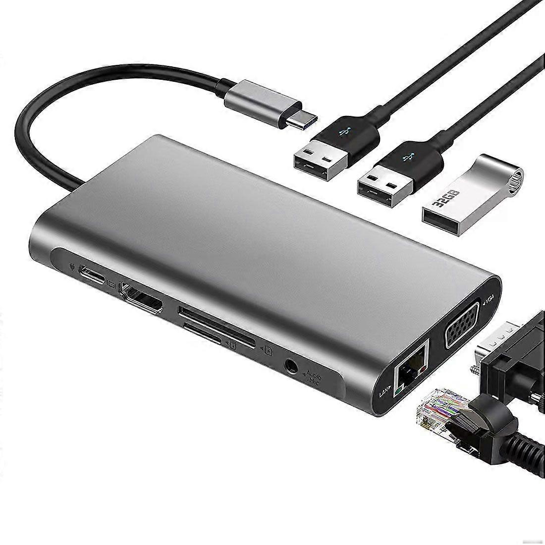 USB C Hub, 11-in-1 Dongle with 4K HDMI, VGA, USB 3.0, Ethernet, Card Reader, 3.5mm AUX, Compatible with MacBook Pro/Air, Type C Laptops(Gray)