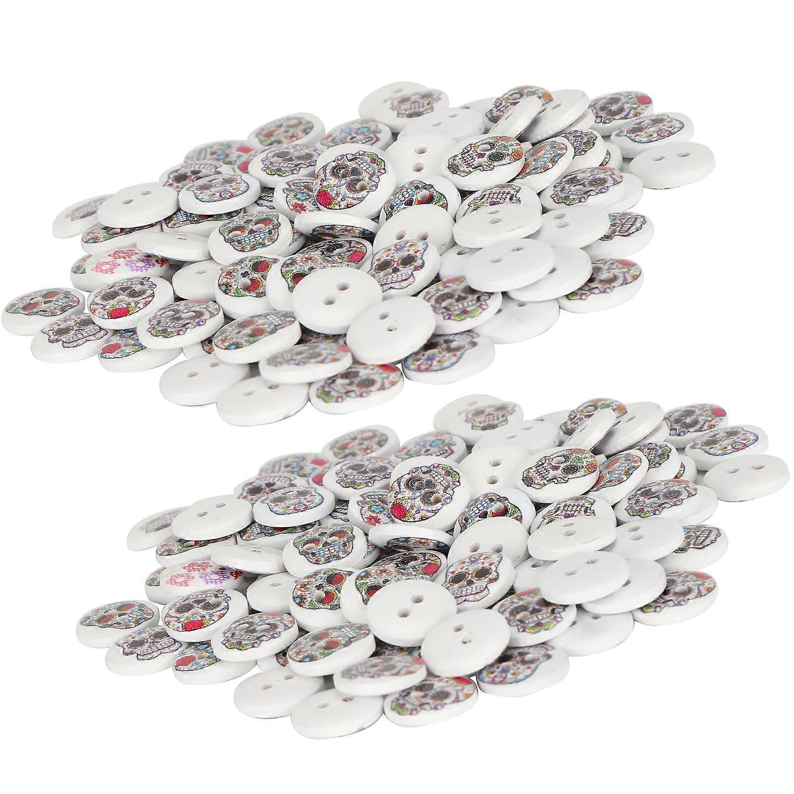200Pcs 15mm White Wooden Buttons with Skull Print for Sewing