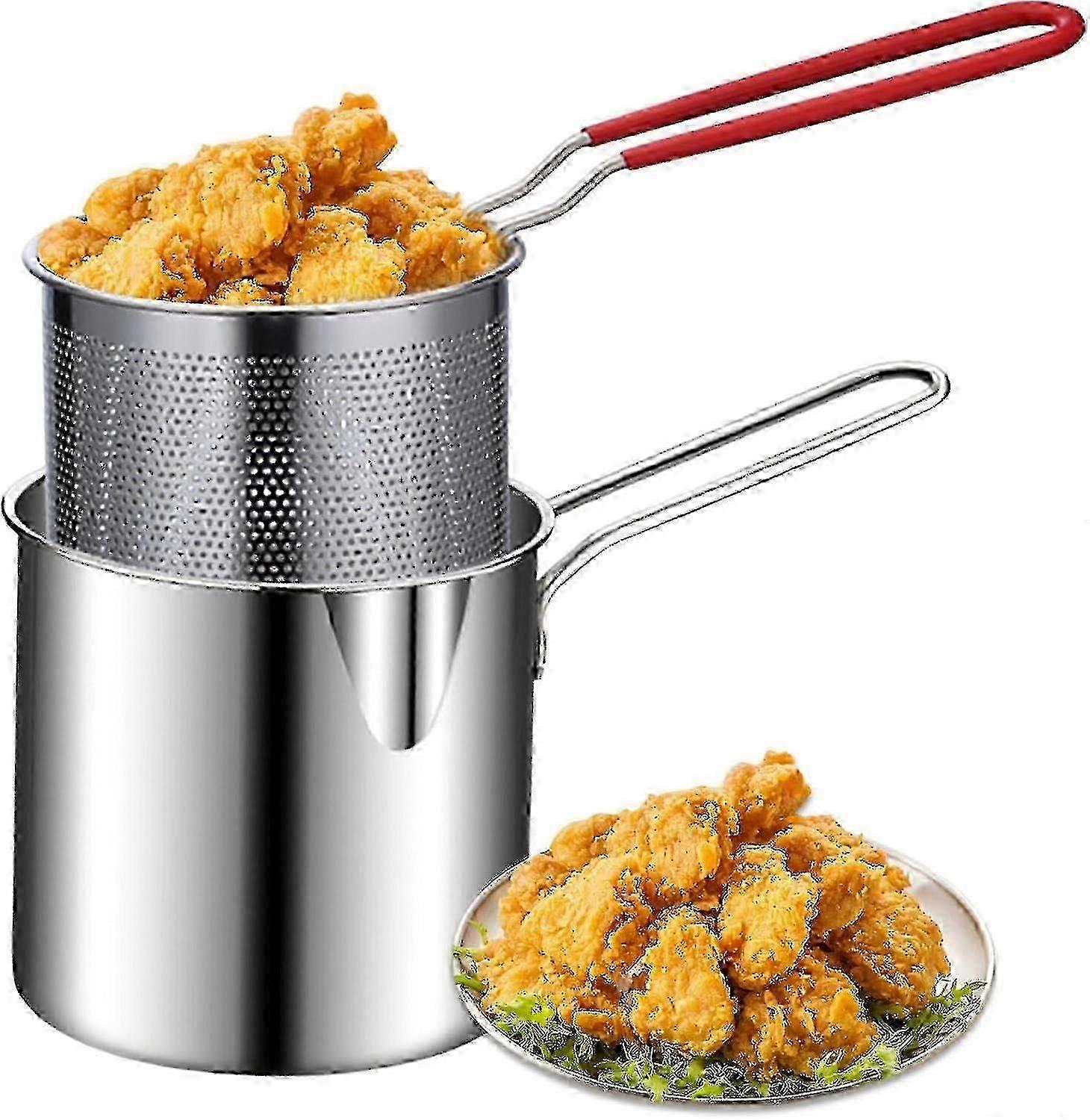 Fritadeiras, Panela de Fritadeira com Cesta 2 Pçs / Set 1200ml Bandeja de Batatas Fritas de Aço Inoxidável Não Revestida Espelho1 - jjS