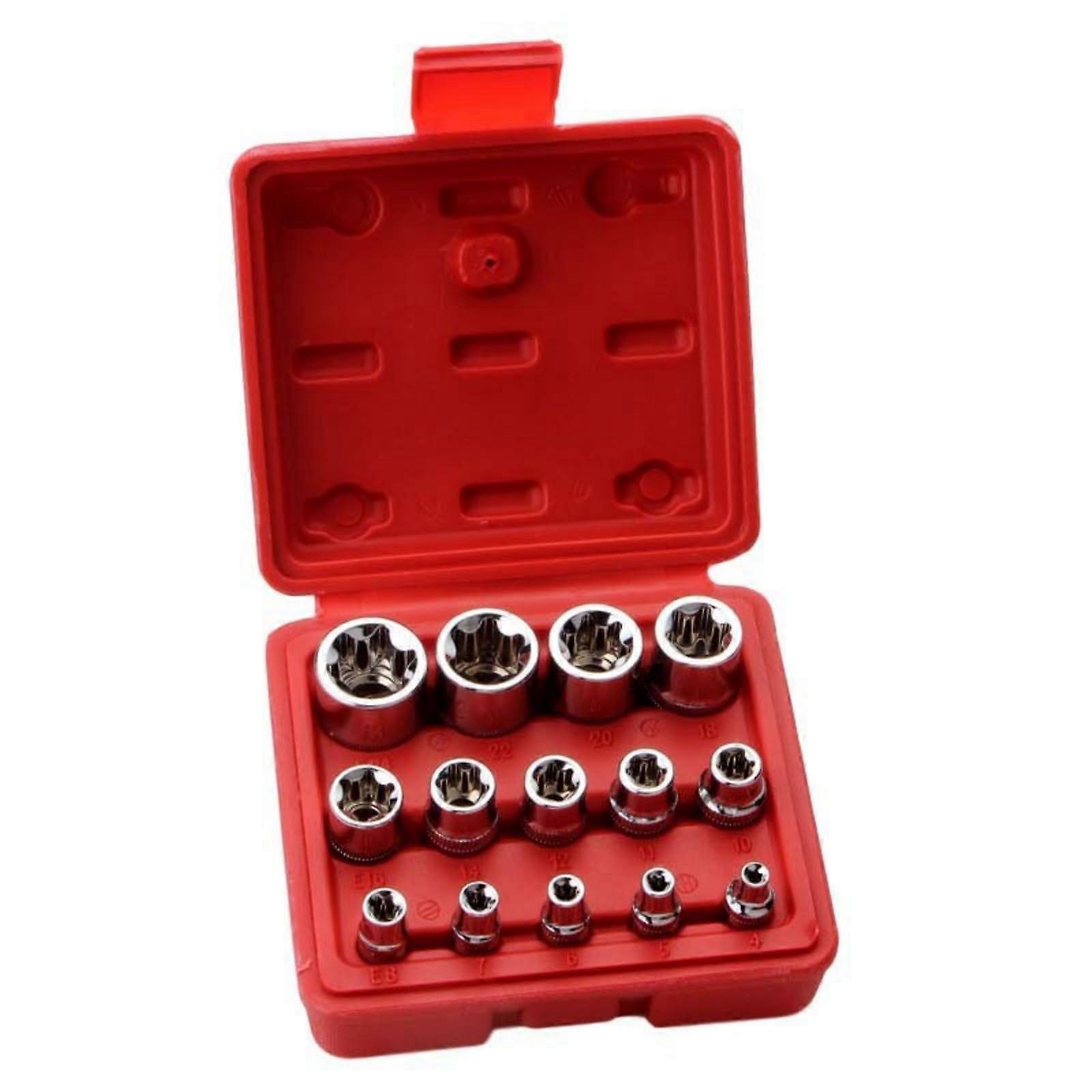 14Pcs Female EStar Socket Set With Storage Case External Star Socket Set E4E24 Hexagonal Socket Nut Set Red