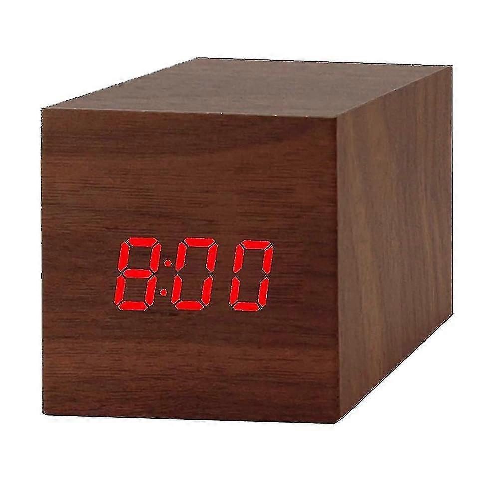 Digital Alarm Clock, Wood Led Light Mini Modern Cube Desk Alarm Clock