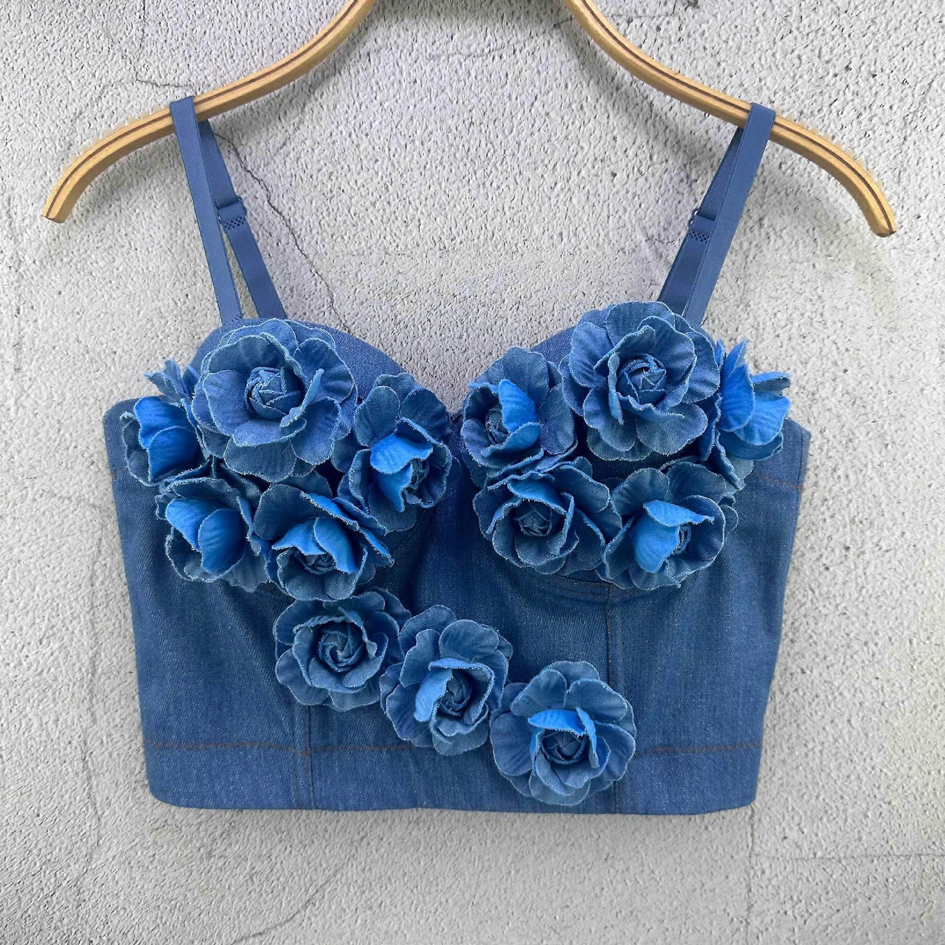 Denim Fishbone Strapless Short Tank Top with Built-in Padding and Floral Design Outerwear Base Layer Halter Neckline French Bead-embellished Top Camis