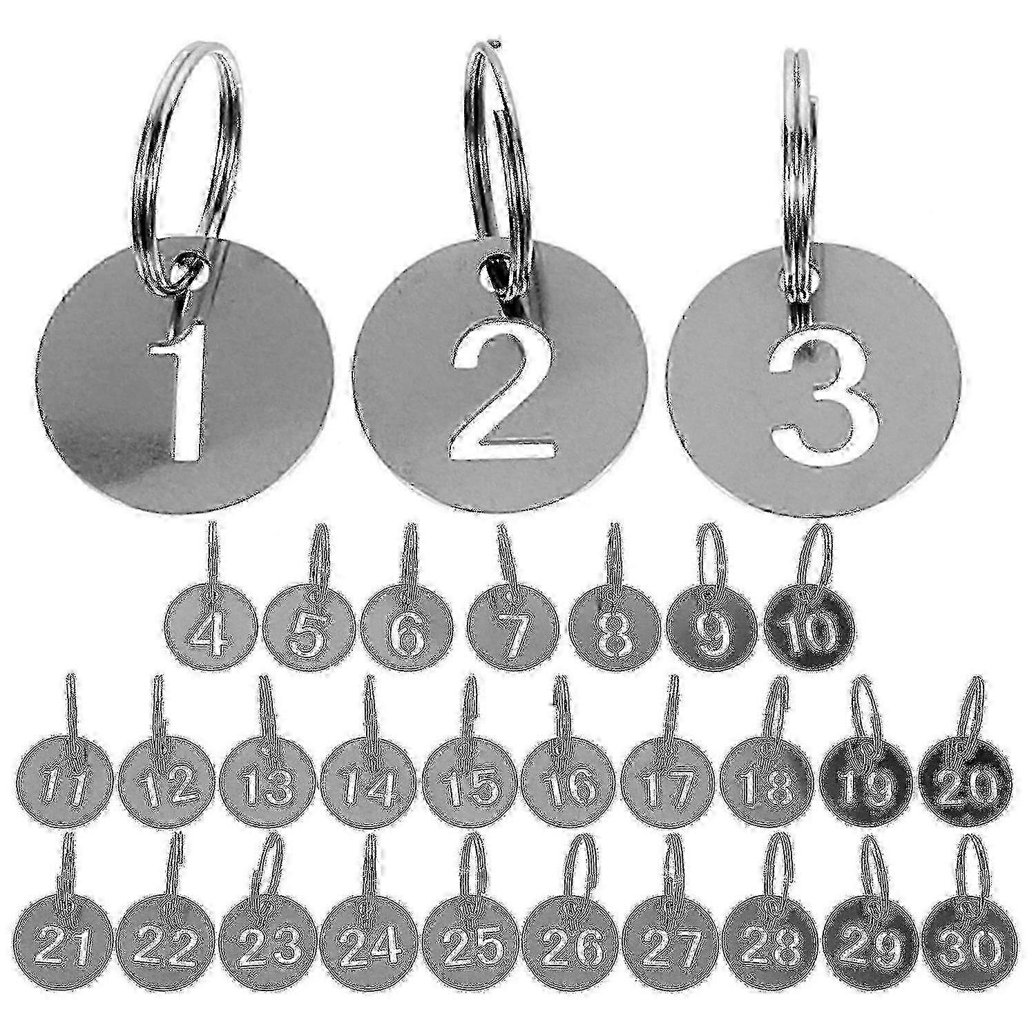 30Pcs Round Stainless Steel Number ID Tags Key Chain 1-30 Tags