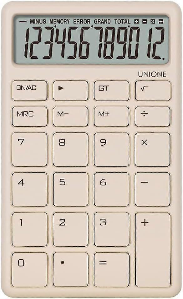 Beige pocket and desktop calculator with bright LCD display and dual-power portable desktop