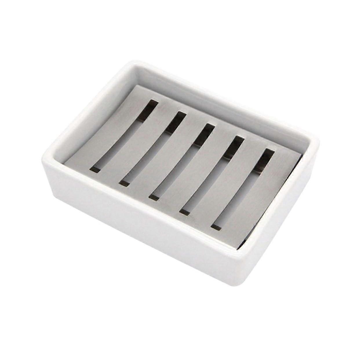 Double Layer Ceramic Stainless Steel Soap Dish with Drain for Kitchen and Bathroom