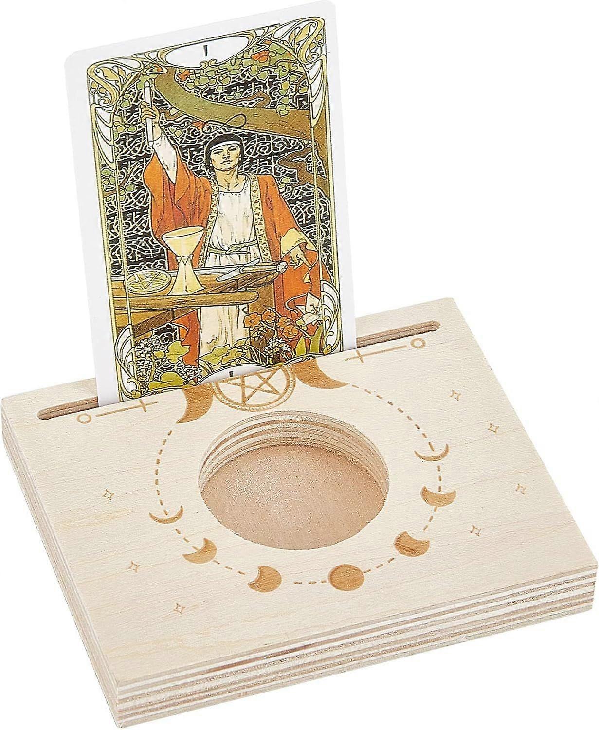 Wooden Tarot Card Stand Carved Candle Holder Moon Phase and Pentacle Pattern 10x8x1.5cm Rectangle Shaped Display Stand Holder for Divination Tools Tar