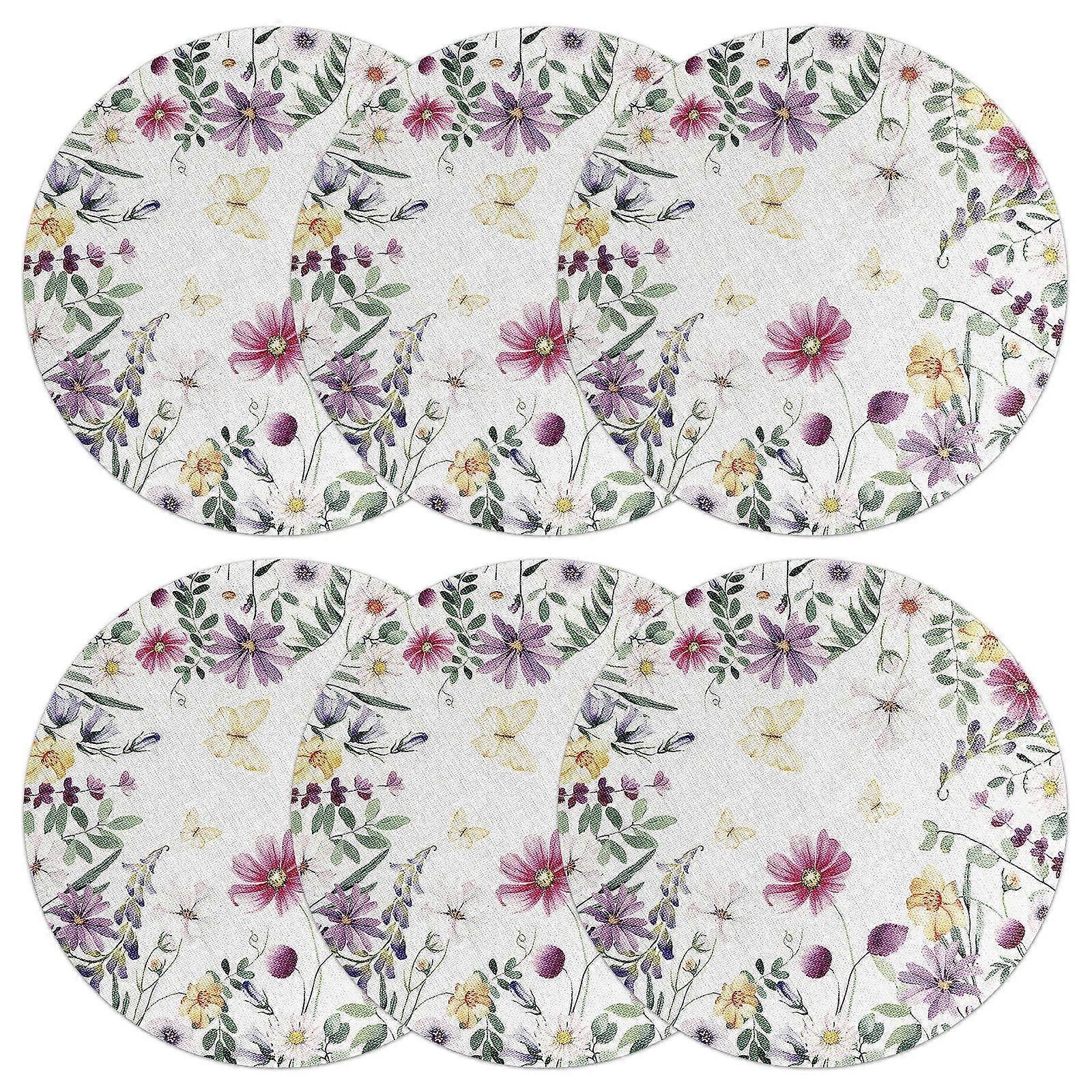 Floral Linen Placemats Round Placemats for Dining Table 6Pcs Set