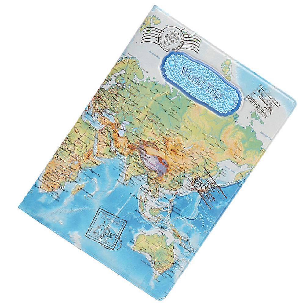 Blue PVC Protective Case with World Map Design for Secure Travel Document Holding 4.5"x3.2"