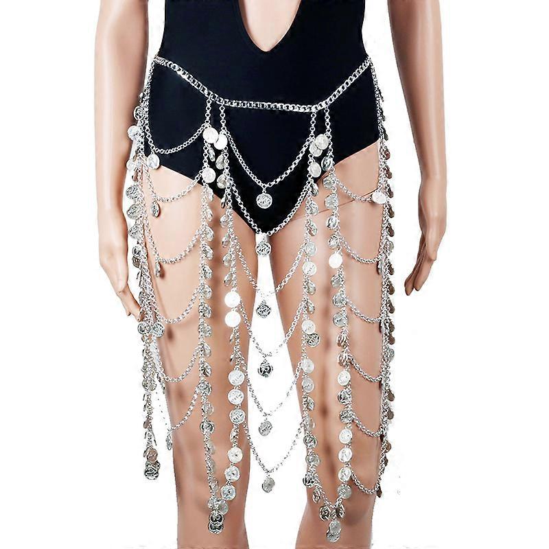 Sexy Bikini Coin Design Body Chain Skirts for Women Mesh Layered Chain Body Jewelry Showgirl Dress