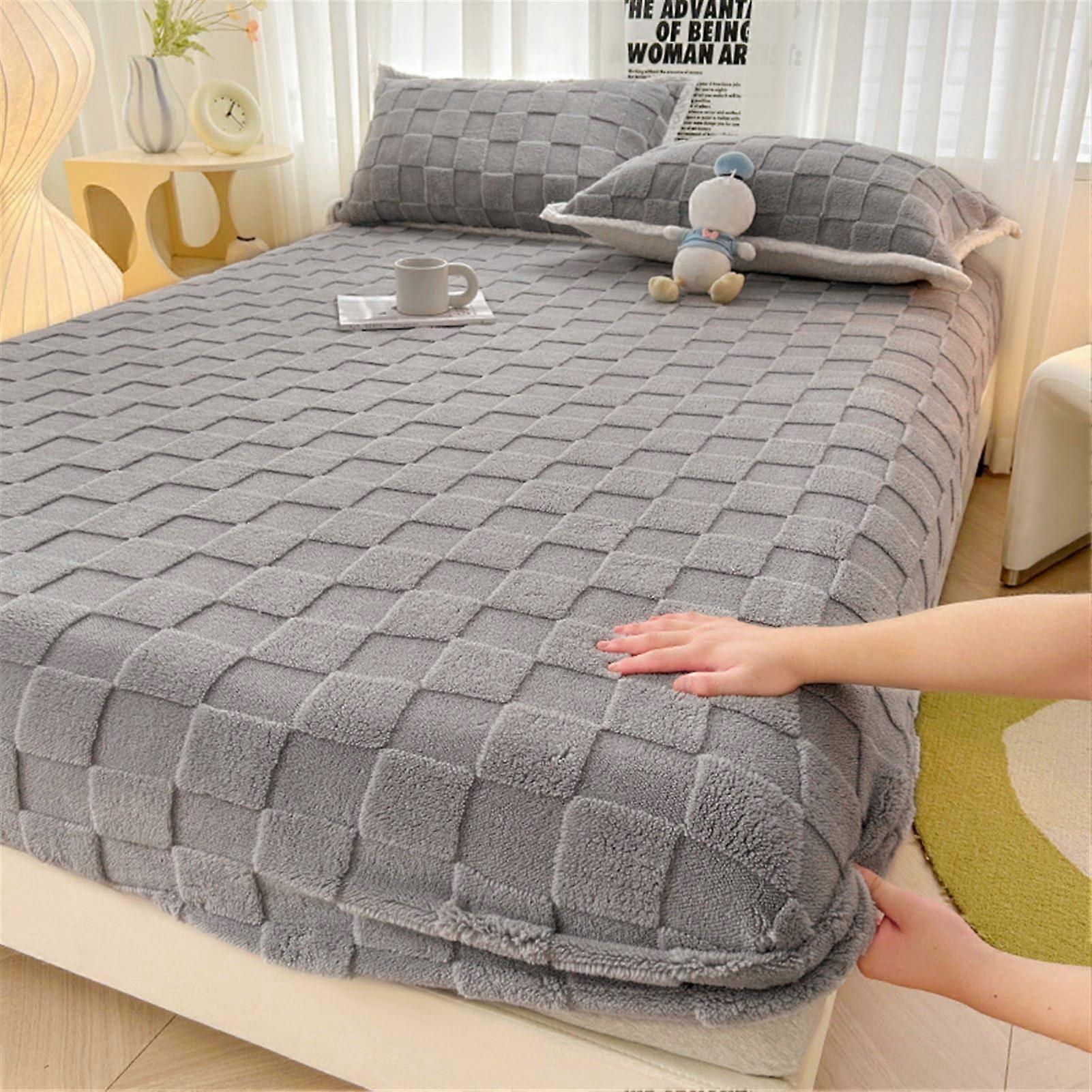 Fleece Fitted Sheet Warm Winter Plush Bed Cover with Elastic Deep Pocket Grey Plaid 180x200cm