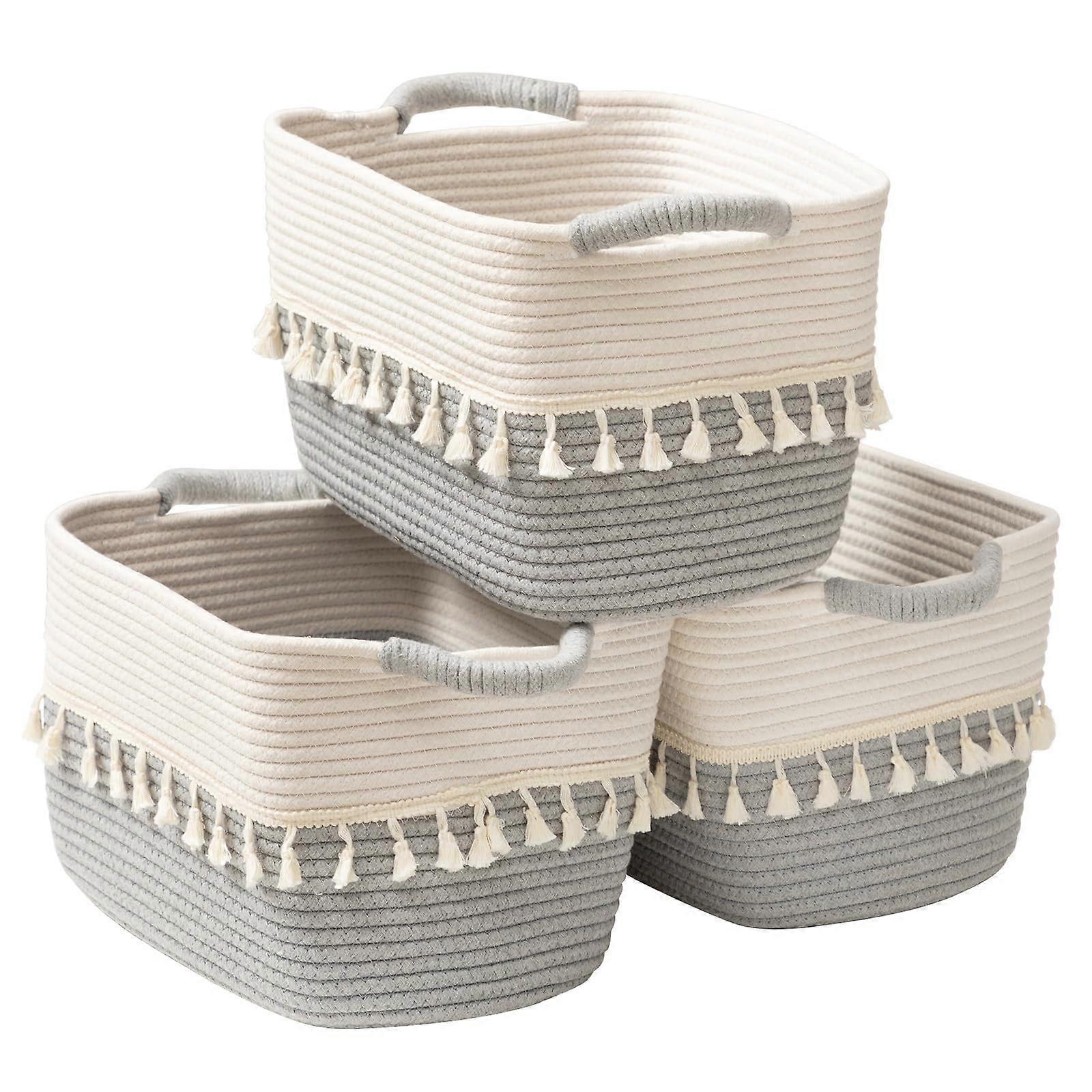 Large Cotton Rope Storage Basket with Handles, Grey and White Woven Bin with Tassel for Laundry and Blankets