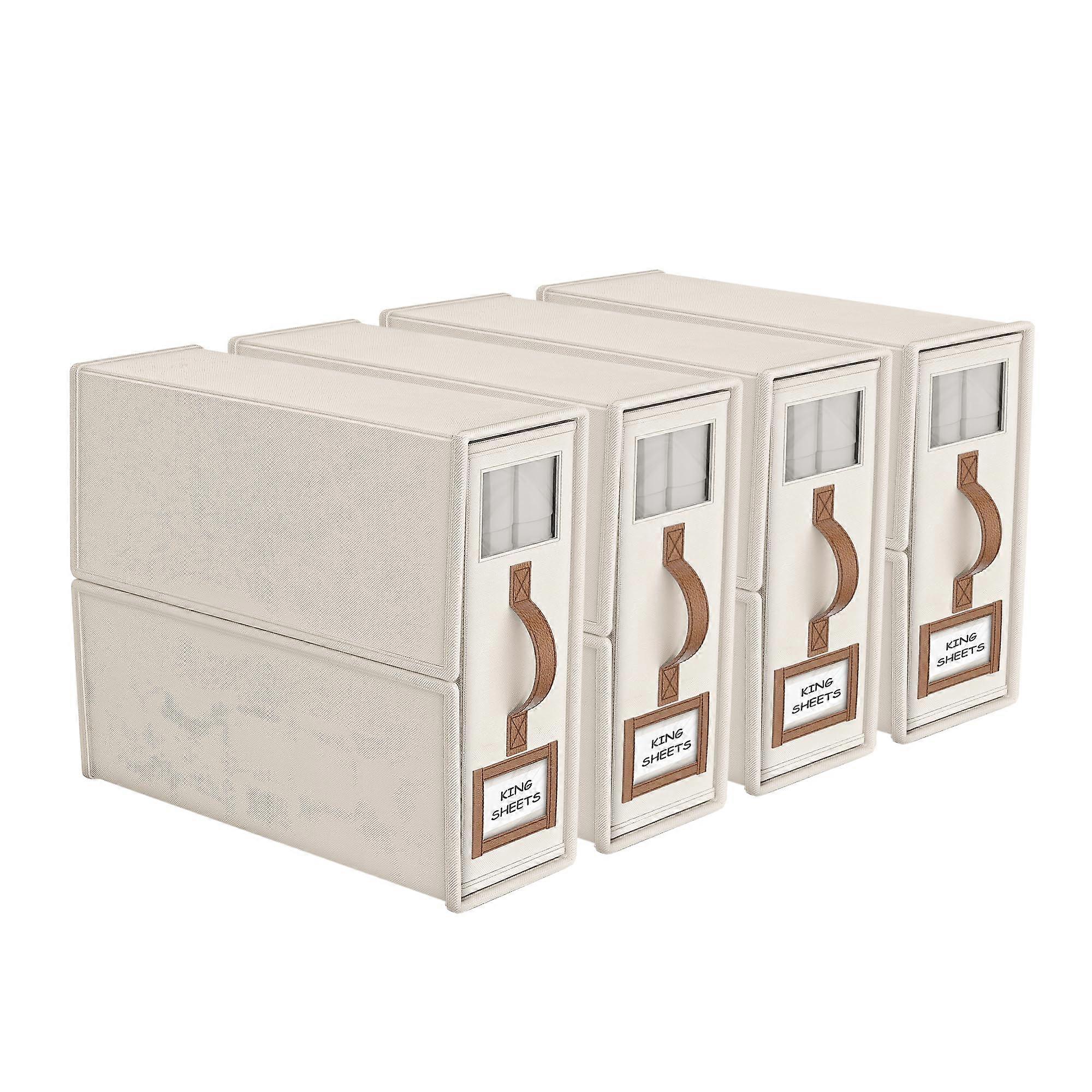 4 Pack Foldable Bed Sheet Organizer with Clear Window and Labels for King and Queen Bedding Storage Box – Beige