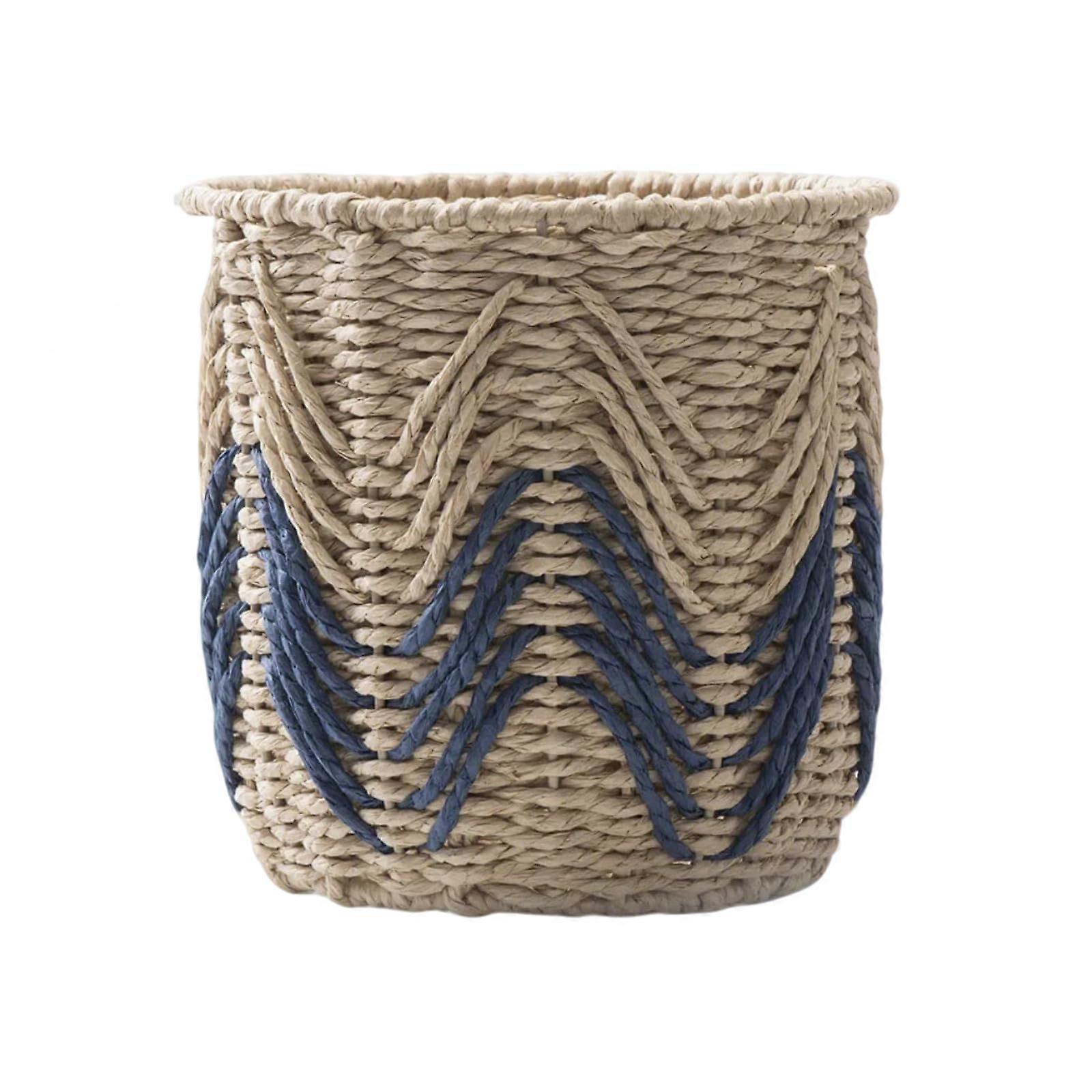 Small Round Wicker Storage Basket with Handle, Boho Wave Pattern for Home Organization, Blue