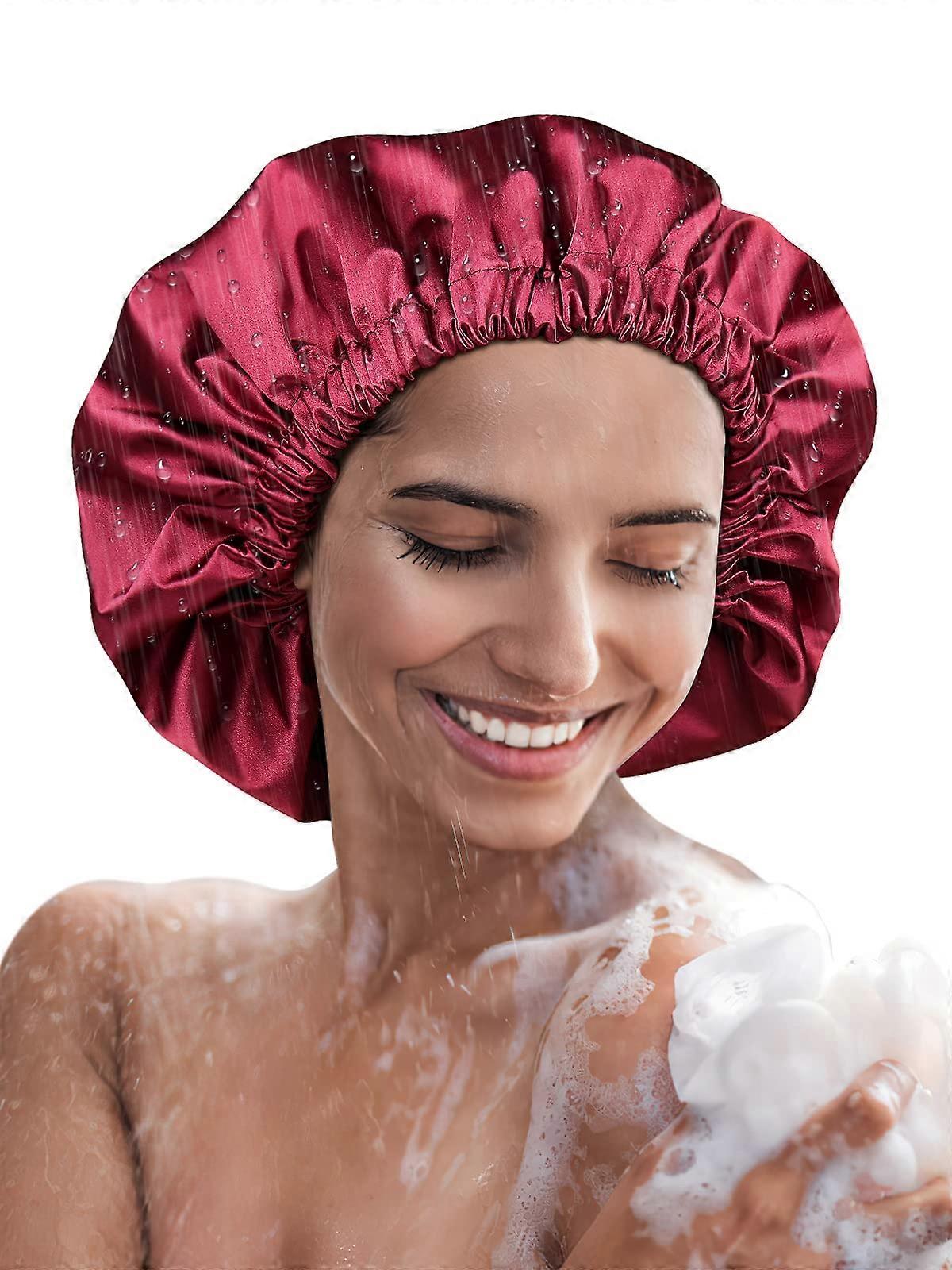 Satin Lined Waterproof Shower Cap with Adjustable Strap, Large Reusable TwoLayer Design Black