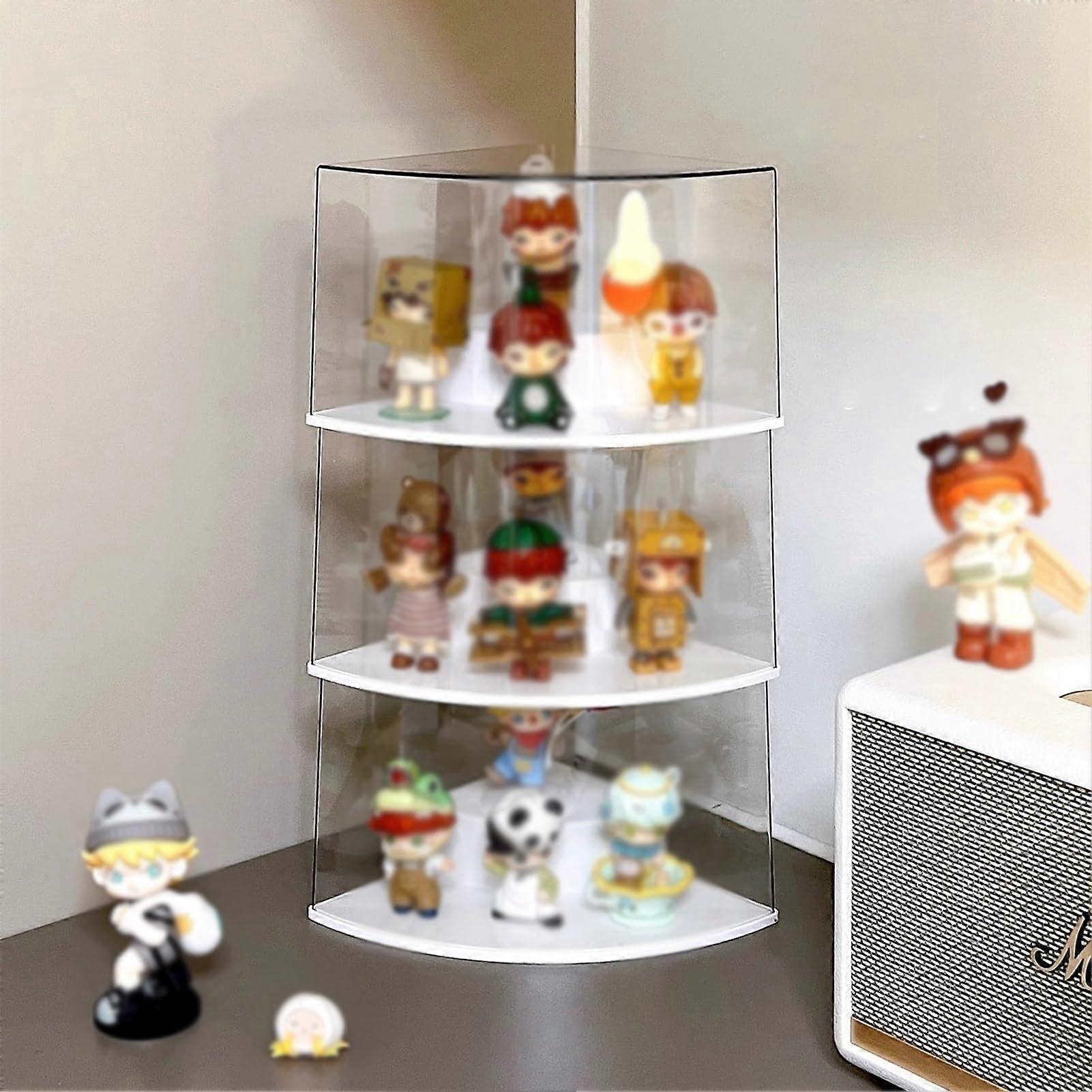 Acrylic Display Case 90 Degree Corner 2Tier Clear Dustproof Stackable Organizer for Collectibles, White 3pcs