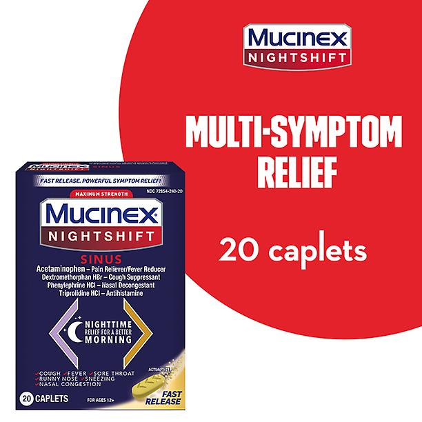 Mucinex Nightshift Sinus, Maximal styrka Kraftfull Multi-symptom Night Relief, 20 Snabbfrisättande Caplets Smärtstillande