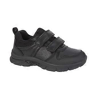 Kids Boys Black School Shoes Twin Strap Touch Fasten Cushioned Sole Trainers