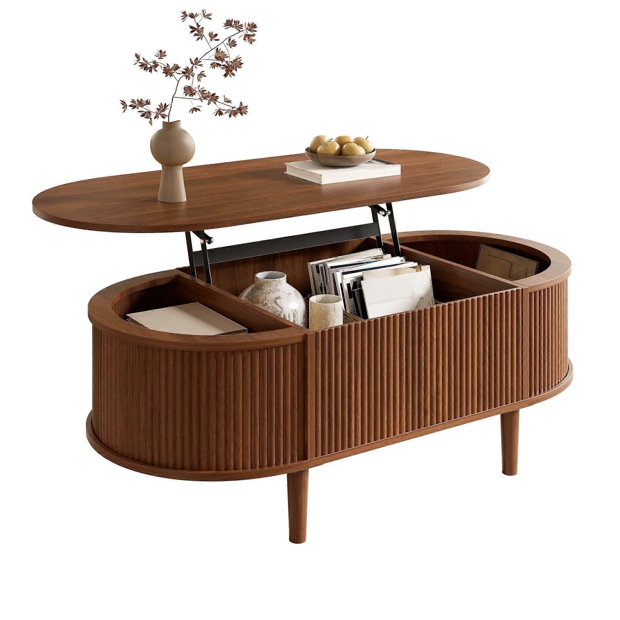 Oval coffee table with wave pattern, height adjustable, storage space, MDF