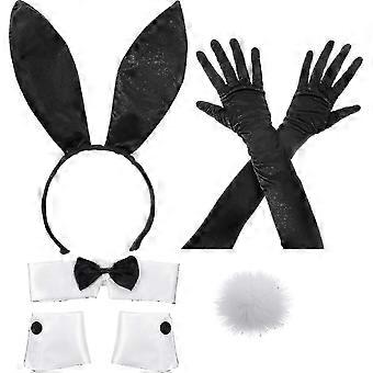Bunny Costume Set for Christmas Easter Cosplay - Includes Bunny Ear Headband, Collar Bow Tie, Cuffs, Long Black Gloves, and Bunny Rabbit Tail Accessor
