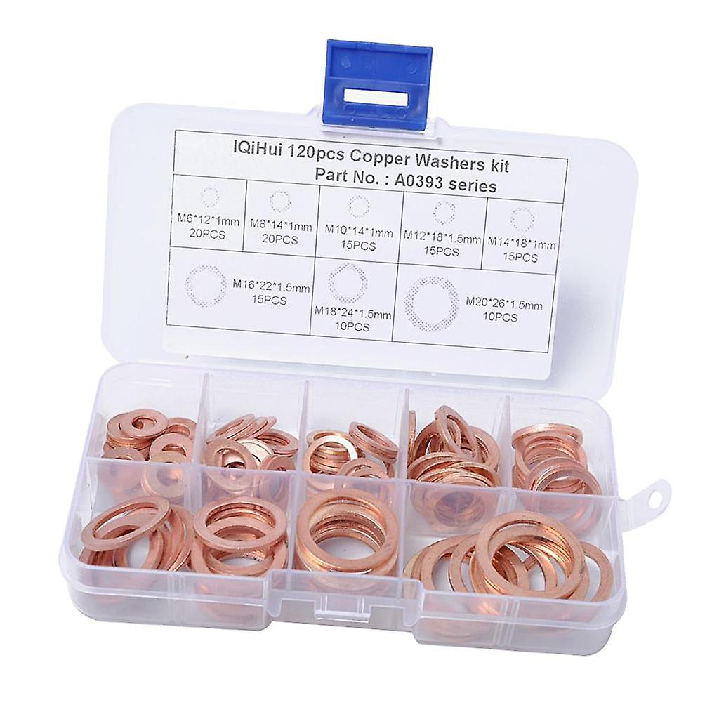 120 Pieces 8 Sizes Solid Copper Crush Washers Sealing Flat Ring Assortment