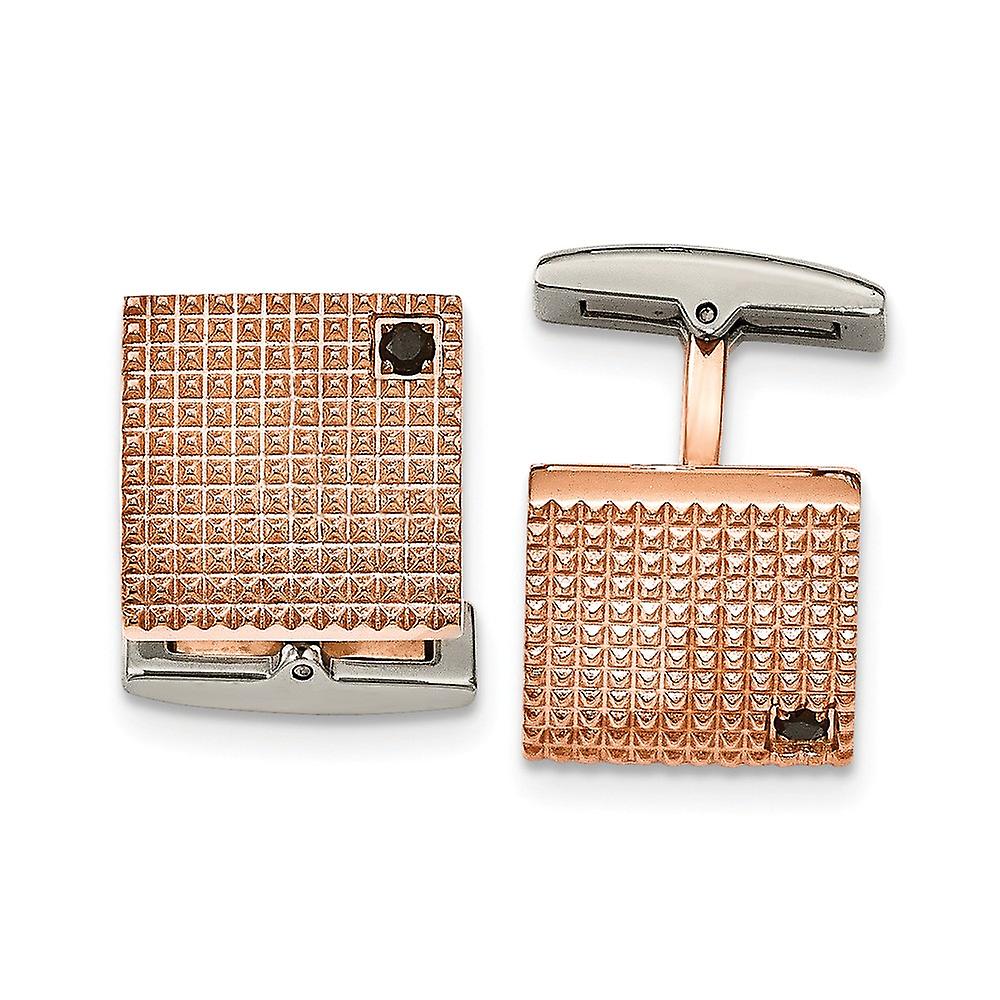 Stainless Steel Polished Textured Rose Ip Plated Black Cubic Zirconia Cuff Links 16mm Wide-Cuff Link for Men