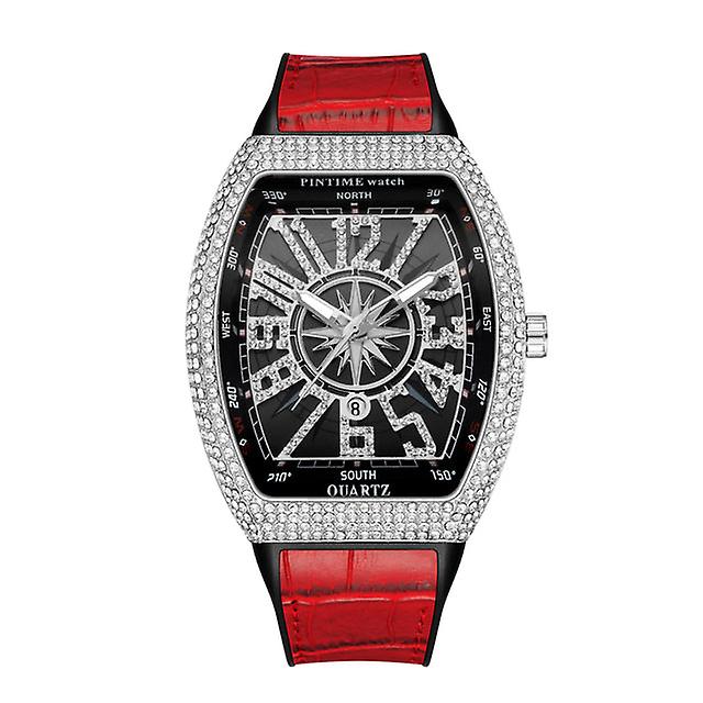 Pintime Men Luxury Watch Iced Out Diamond Bezel Fashion Watches Waterproof Shinning Quartz Wristwatch Blue Leather Strap Clock
