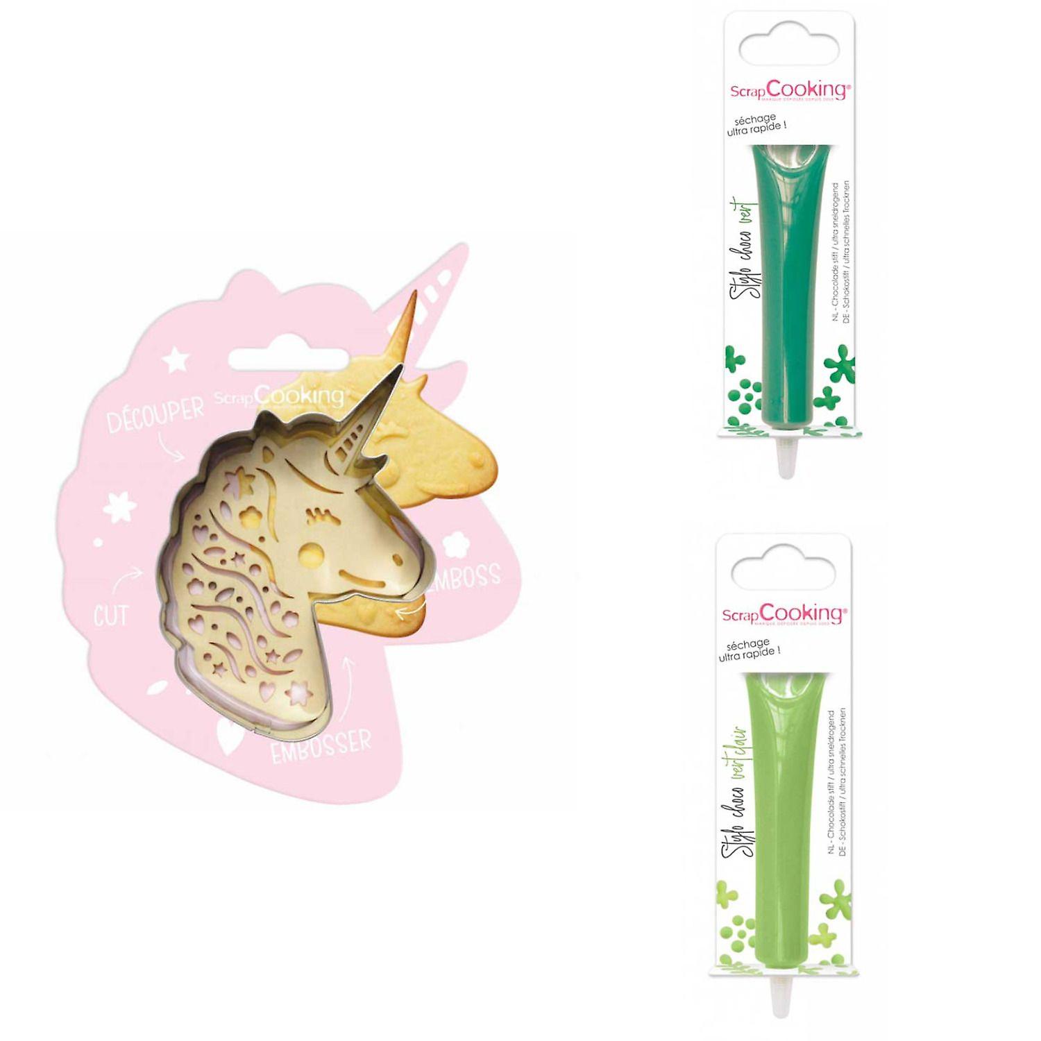 Unicorn Relief Cookie Kit + 2 vihreää ja vaaleanvihreää suklaakynää