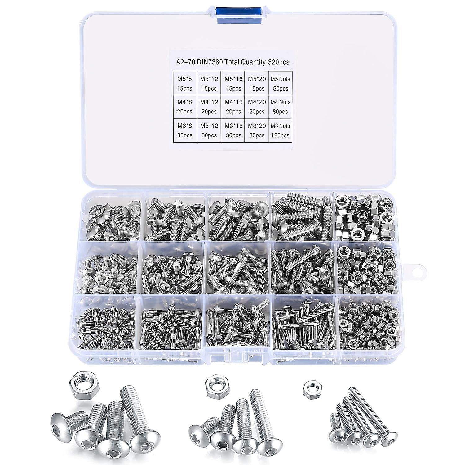 520 Pieces Screws with Nuts, M3/M4/M5 Stainless Steel Hex Head Screws with Bolts and Nuts, Round Head Button Socket Assortment