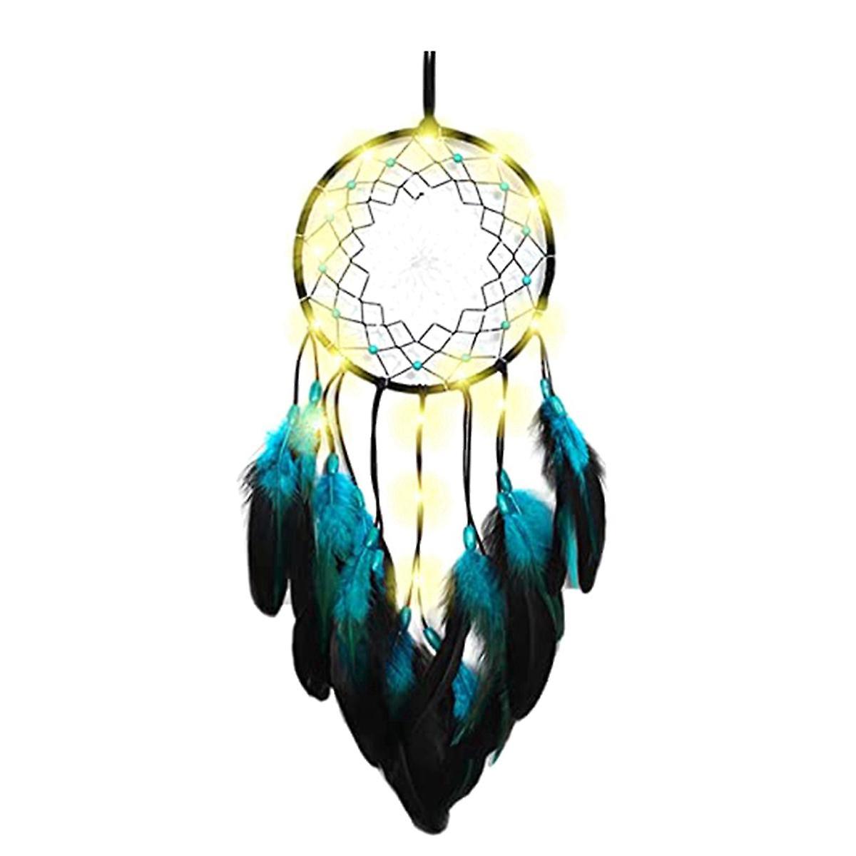 1Set Dreamcatcher Blue Tree with Feathers with LED Lamp, Handmade Indians Traditional Circular Net