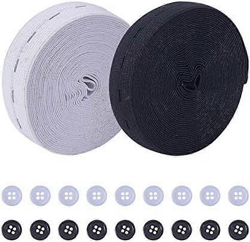 2 Rolls 20mm (5.46 Yard/roll) Flat Rubber Elastic Band with 20 Pcs Resin Buttons Springy Stretch Knitting Sewing Elastic Spool Elastic Bands Black and