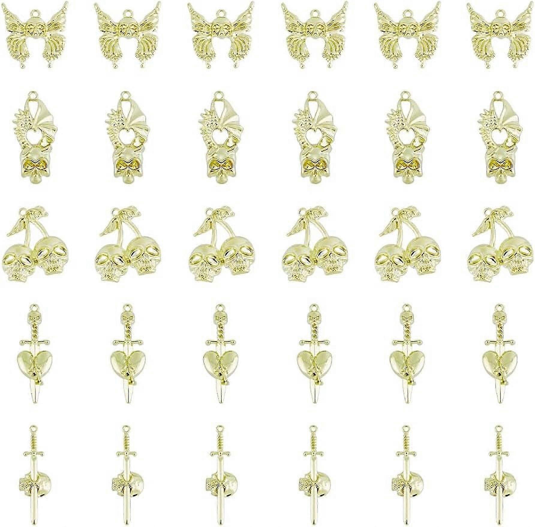 40Pcs 5 Styles Halloween Theme Charms Light Gold Skull Charms Dead Butterfly Sword Heart Charms Small Cherry Skull Charms Alloy Charms for Jewekry Mak