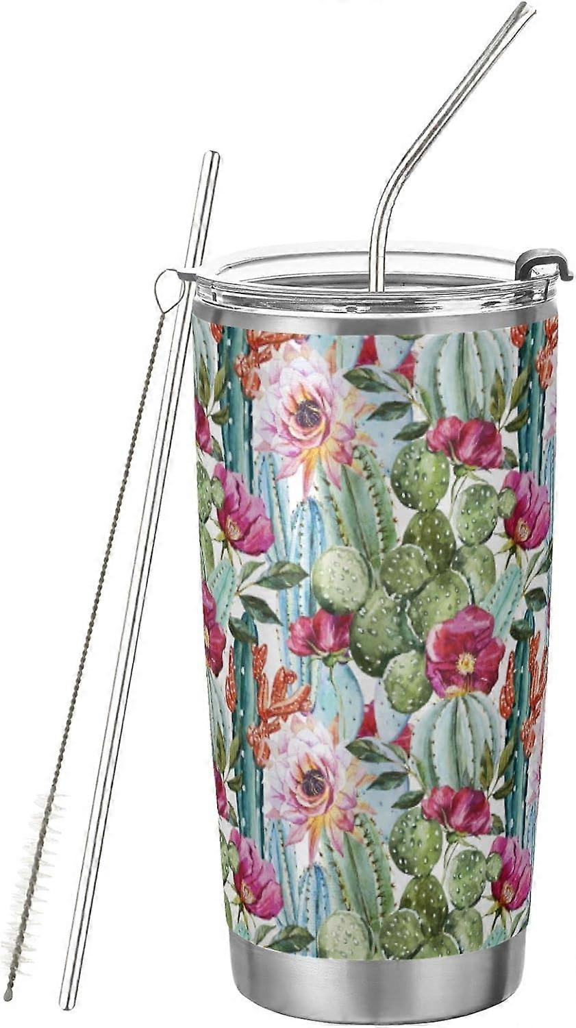 20 أوقية زهور ألوان مائية الورود الصبار بهلوان كوب مع غطاء وقش الفولاذ المقاوم للصدأ فراغ معزول مزدوج الجدار سفر القهوة القدح الحفاظ على الشراب باردا و