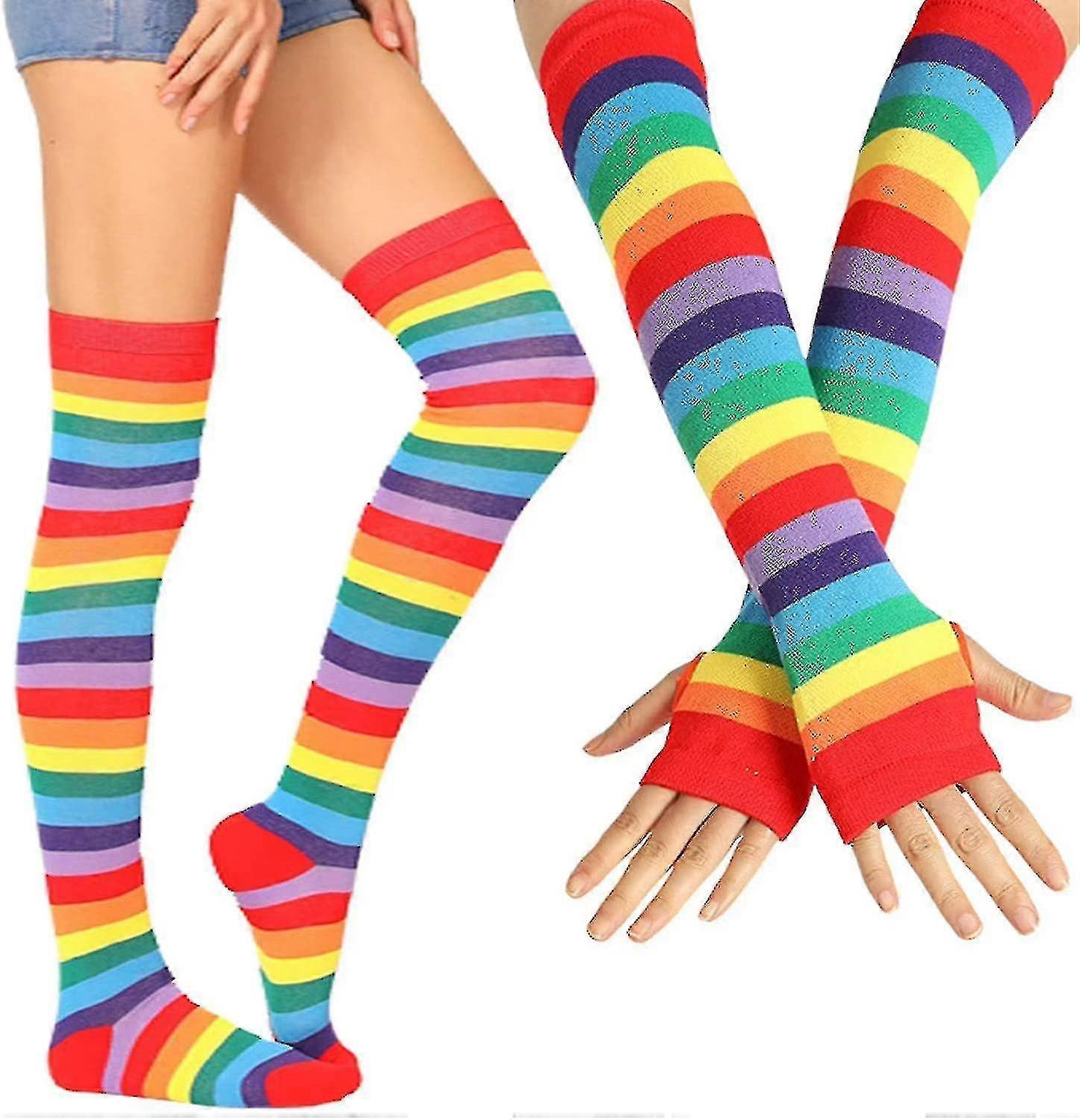レインボーストライプニーハイソックスレッグアームウォーマー指なし手袋は女性の女の子コスプレのためのセット