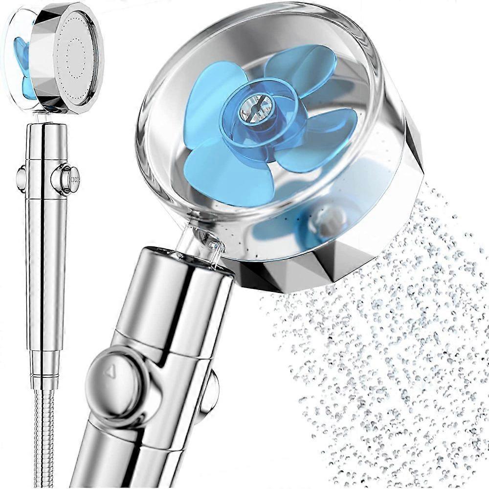 Shower head with hose and filter against limescale and hard water, water-saving shower head pressure increase (start-stop button), universal fit, ener