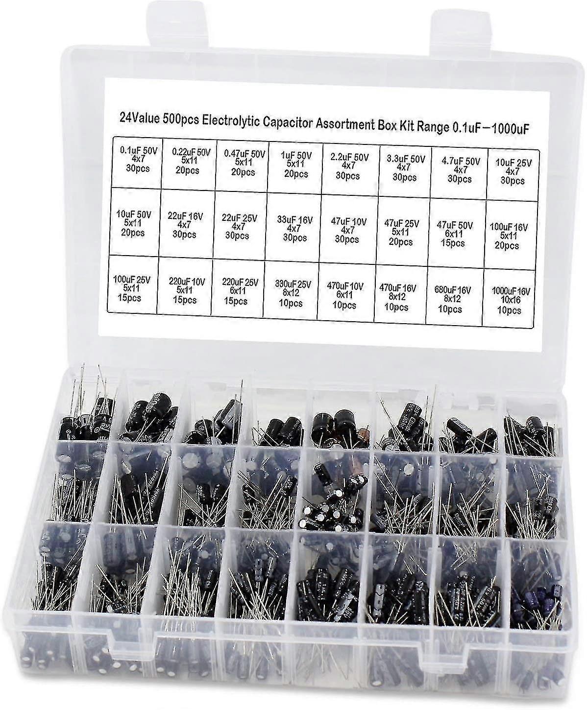 Εξάρτηση ποικιλίας ηλεκτρολυτικών πυκνωτών 24value 500pcs, εύρος 0.1uf 1000uf
