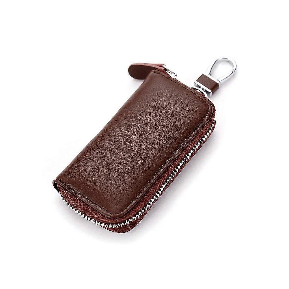 Premium Leather Car Key Holder Bag Keychain Case Wallet with 6 Hooks Zipper Closure (Brown)