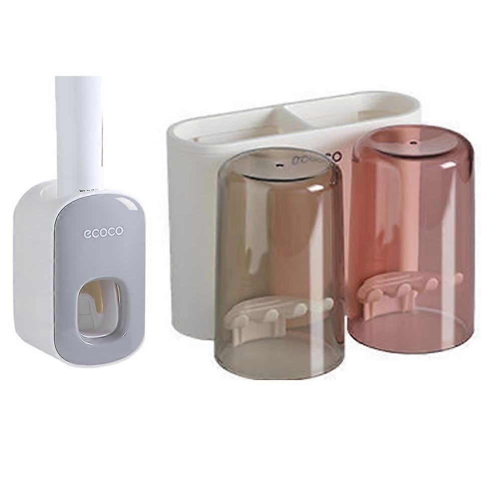 Toothbrush Holder Automatic Toothpaste Dispenser Set Dustproof with Sticky Suction Pad Wall Mounted