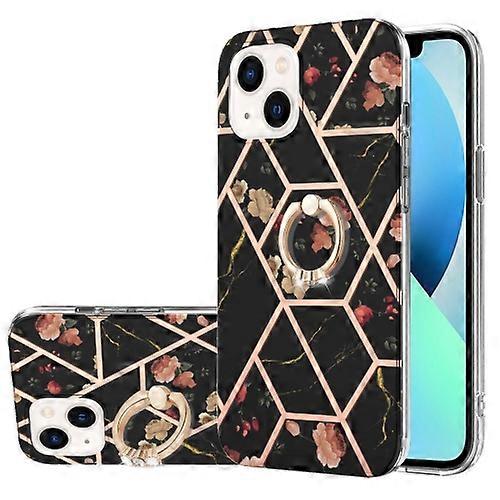 For iPhone 15 Electroplating Splicing Marble Flower Pattern TPU Shockproof Case with Rhinestone Ring Holder