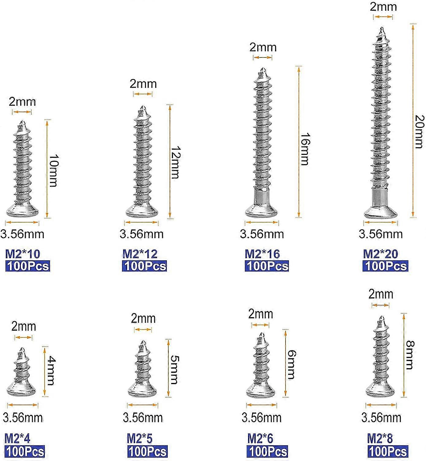 800 Pcs Small M2 Self Tapping Screws Assortment Kit, Countersunk Phillips Flat