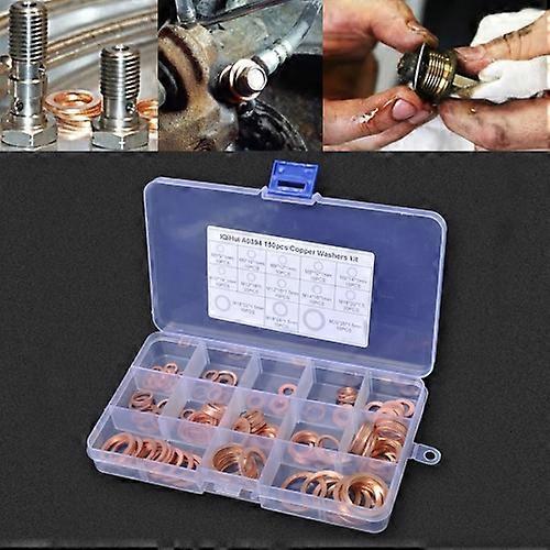 150 PCS O Shape Solid Copper Crush Washers Assorted Oil Seal Flat Ring Kit for Car / Boat / Generators