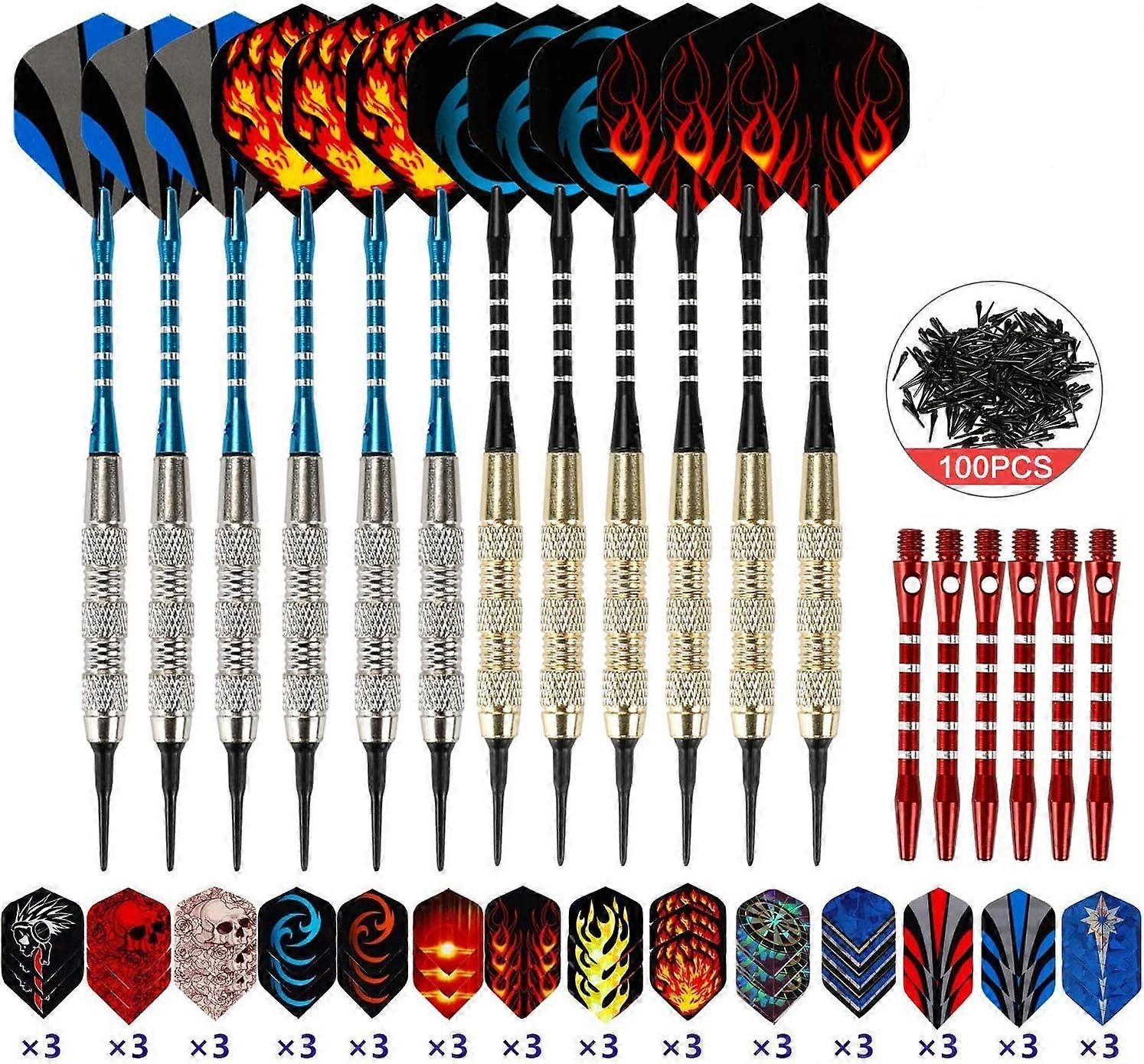 Plastic Tip Dart [18g], 12-Dart Kit for Electronic Dartboards (42 Flights + 100 Tips + Extra 6 Aluminum Shafts)