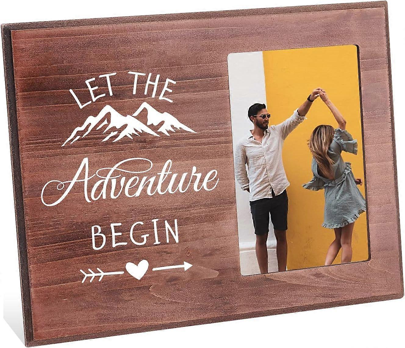 4x6 Inch Let The Adventure Begin Picture Frame Romantic Love Photo Frame with Snow Mountain & Love Arrow Pattern Saddle Brown Wood Photo Frame Gift fo