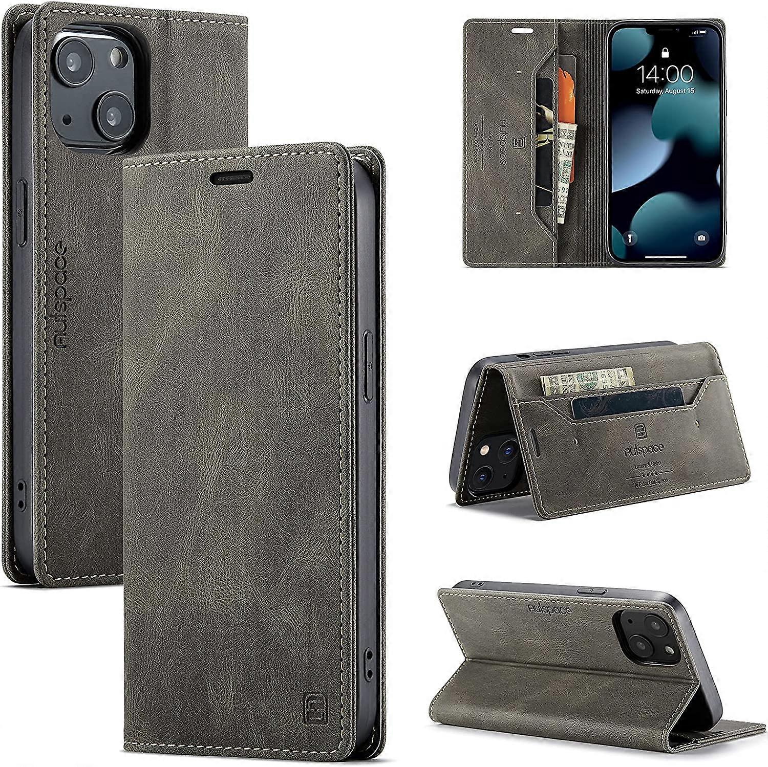 for iPhone 13 Case, Vintage Wallet Case Card Holder Kickstand Built-in Magnetic Flip Folio Leather Case for iPhone 13 - Coffee Brown