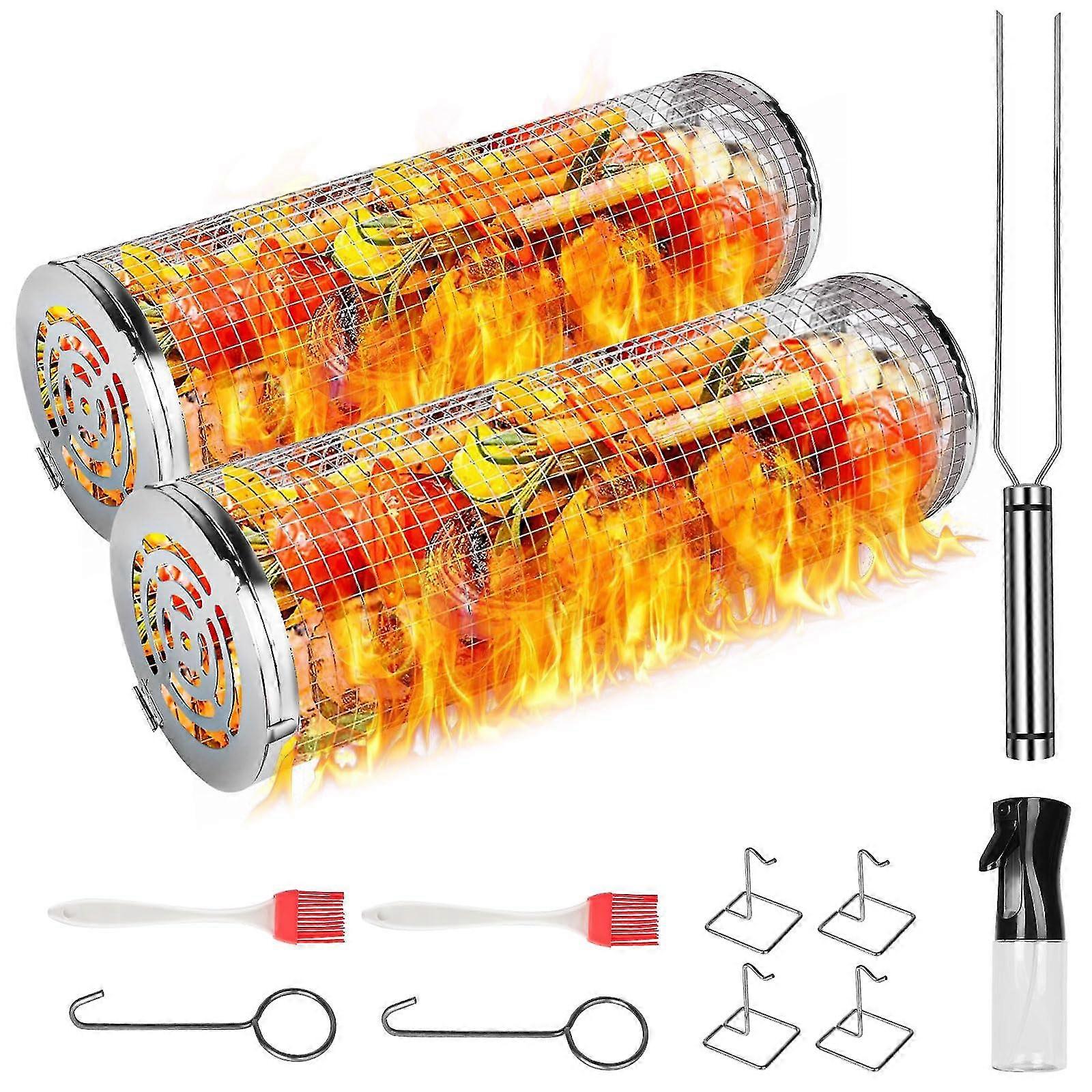 2PCS Rolling Grill Basket, Stainless Steel Wire Mesh Cylinder Grilling Rack, Portable Outdoor Camping BBQ Basket Grill Cooking -GSLA
