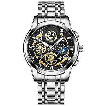 BINBOND 4010 Multifunctional Waterproof Calendar Watch(White Steel Black Surface)