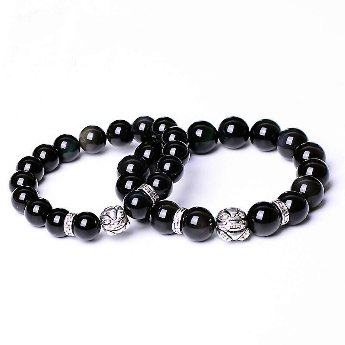 2pcs Natural Black Stone Bracelets Round Beads Stretchy Crystal Bracelets with Silver Beads for Couples