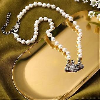 Collana Con Perle E Ciondolo Saturno In Cristallo Strass, Argento, Per Donna - 3