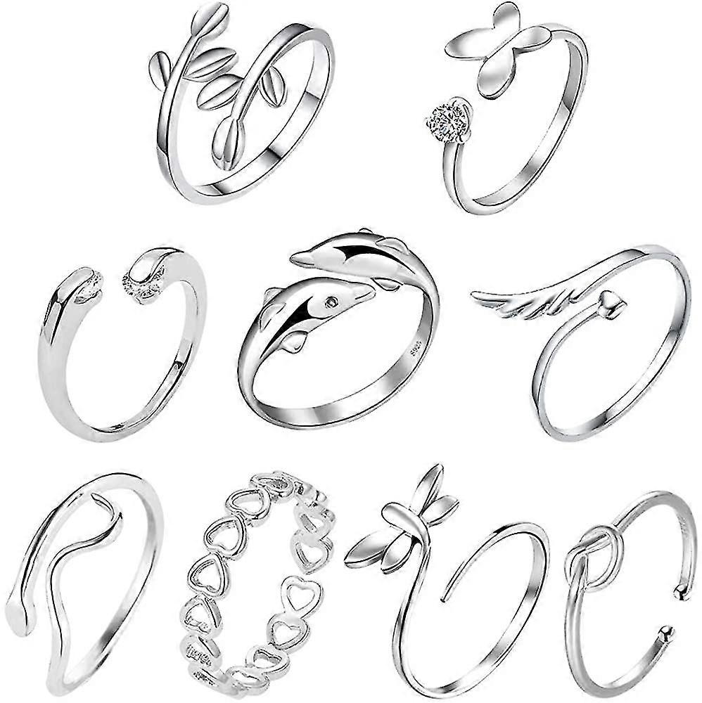 9pcs Silver Adjustable Rings Set Knot Adjustable Finger Ring Joint Ring Toe Ring