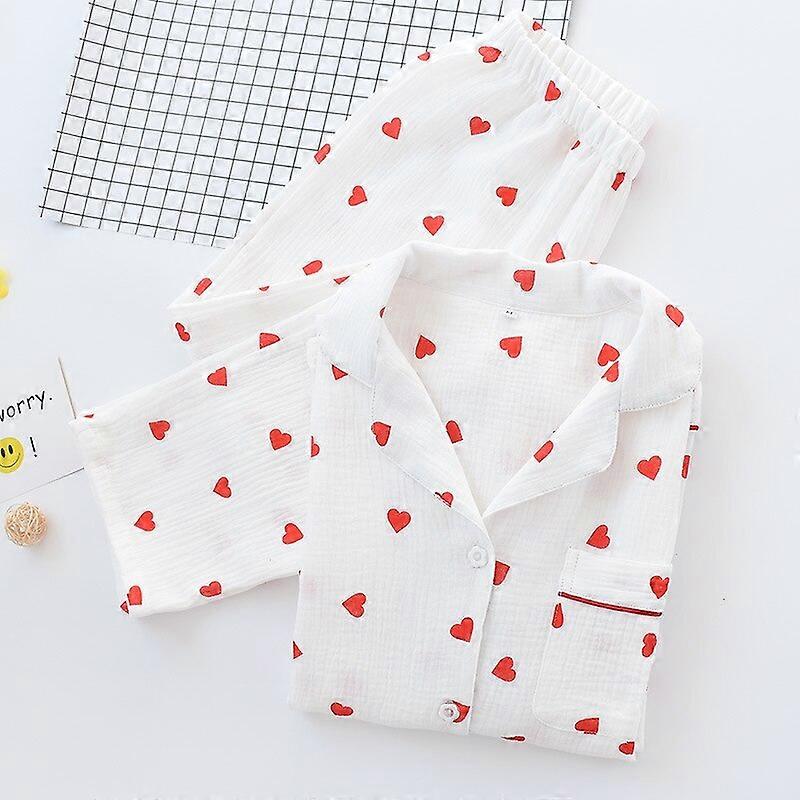 2 ADET Kalp Baskı Pijama Takım Bayan İlkbahar Sonbahar Gecelik Turn Down Yaka Gömlek Pantolon Moda Bayanlar Pijama Gevşek Rahat