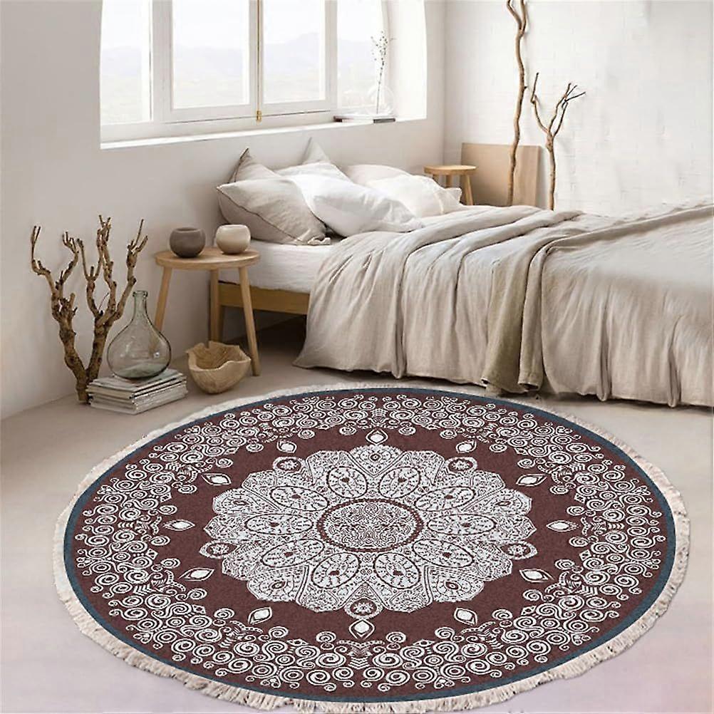 Koberec z bavlny okrúhly, Bohemian Mandala Koberec so strapcami, protišmykový koberec do obývacej izby (60 cm, hnedá 2)